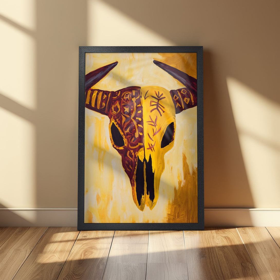 Framed Poster featuring a vibrant bull skull painting in a modern, abstract style with a warm yellow and brown color palette.