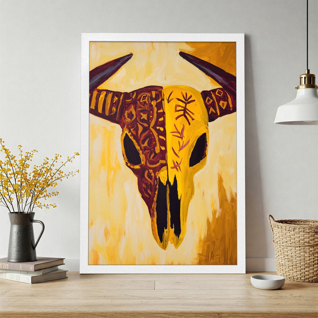 Framed Poster of a stylized bull skull in warm yellow and burgundy tones. Modern art style, perfect wall decor.