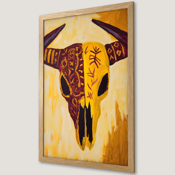 Framed Poster featuring a bull skull artwork in a vibrant yellow and burgundy color palette, painted in an expressive style.