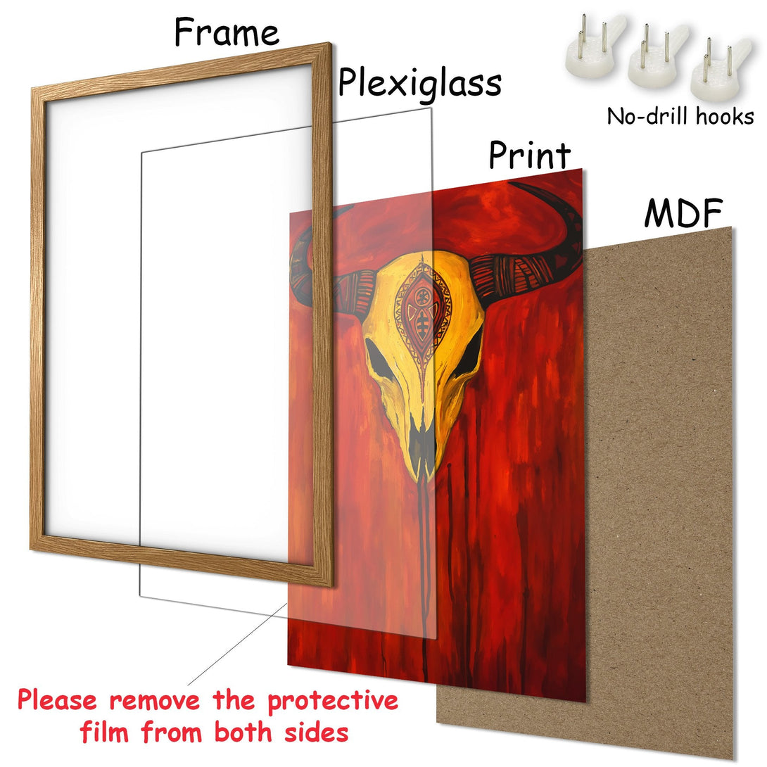 Framed Poster featuring a vibrant bull skull art print with a red and yellow color palette. Perfect wall decor!