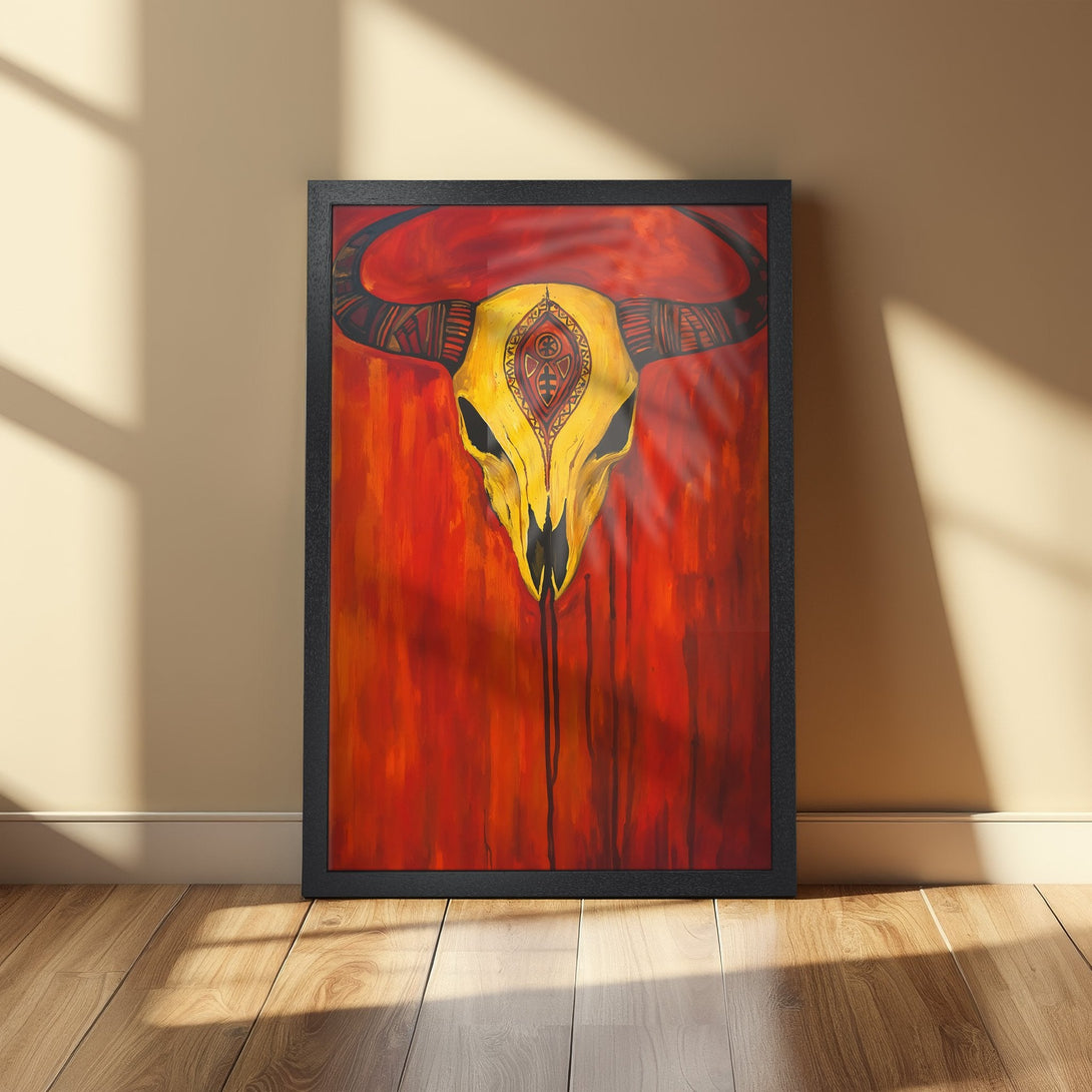 Framed Poster featuring a vibrant bull skull painting in a bold red and yellow palette. Modern art for your home!