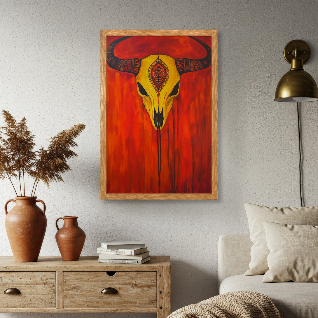 Framed Poster featuring a vibrant bull skull painting in warm red and yellow tones. Modern art for your home decor.