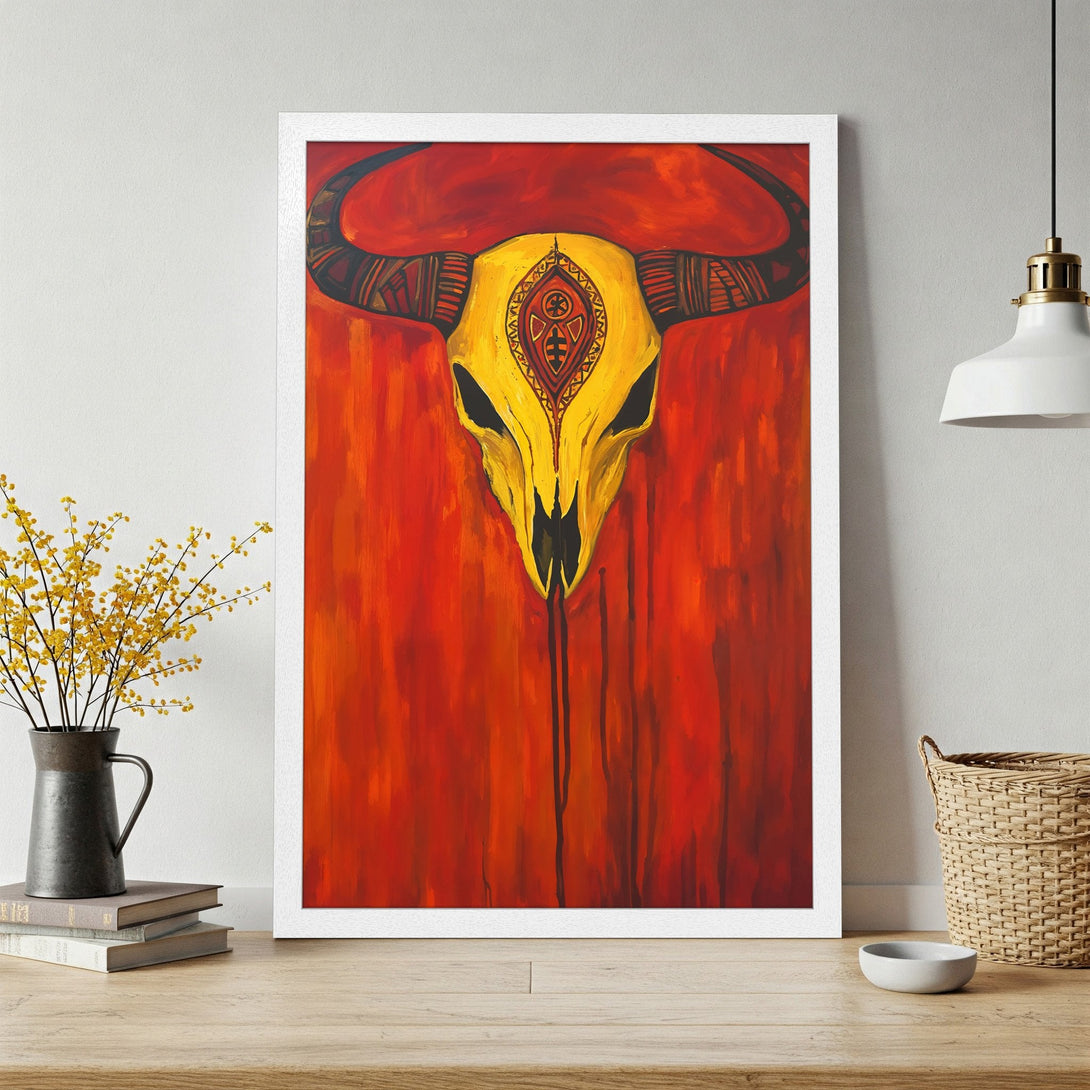 Framed Poster featuring a vibrant bull skull artwork. Bold, modern style with a warm red and yellow color palette. Perfect wall art!