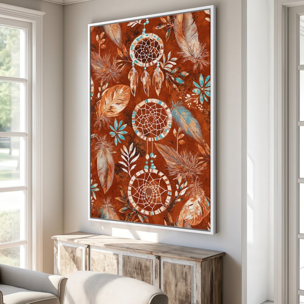 Framed Wall Art featuring dreamcatchers and feathers in a boho style, warm terracotta and turquoise color palette.