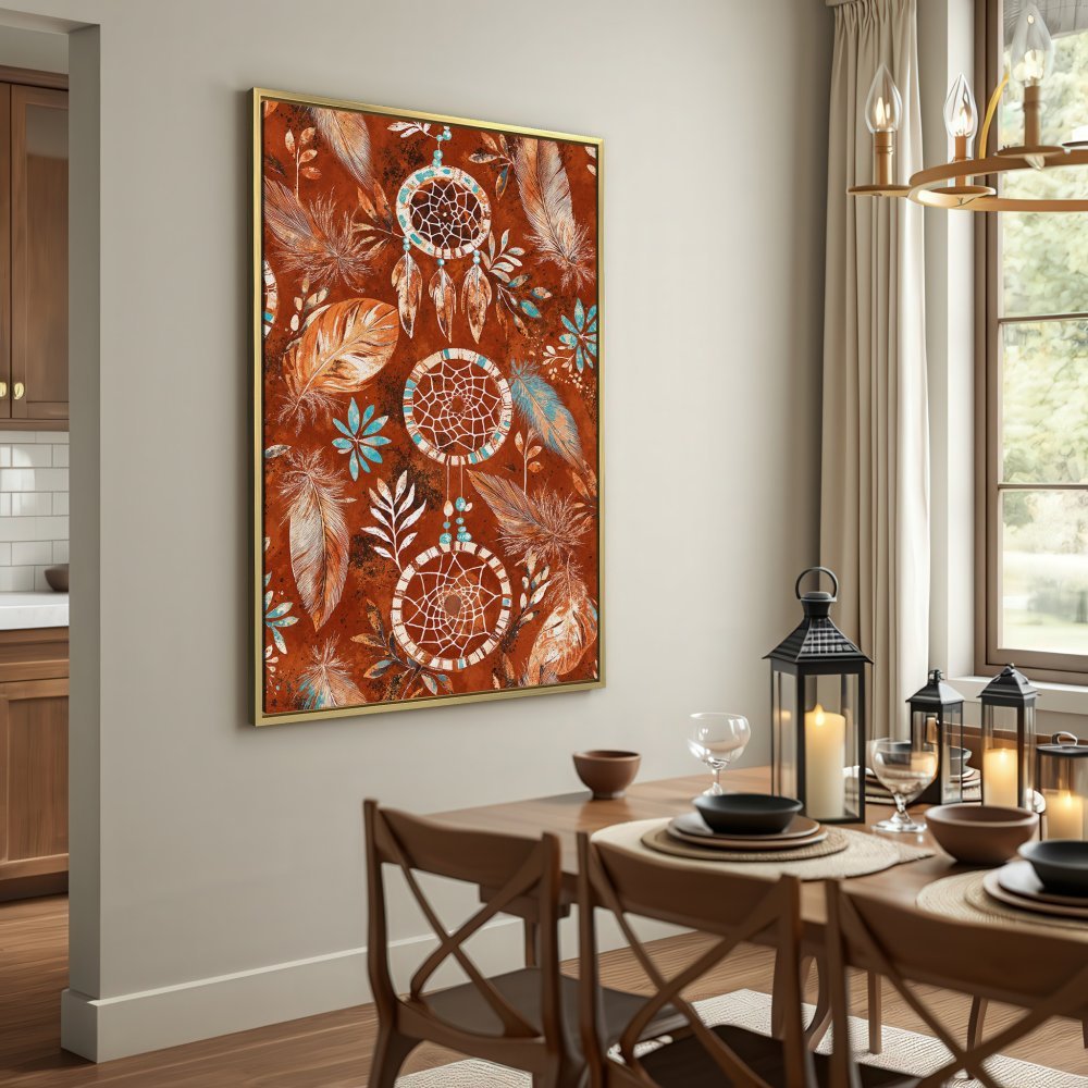 Canvas Print featuring a bohemian dreamcatcher design in warm earth tones. Perfect wall art for any interior!