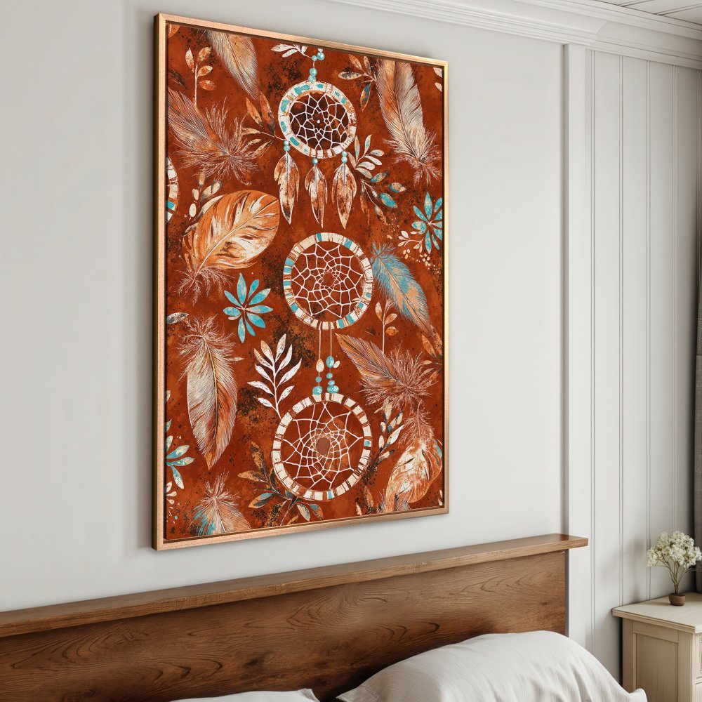 Framed Wall Art featuring a dreamcatcher design in earthy tones. Boho style Canvas Print with rust, teal, and gold color palette. Perfect bedroom decor.