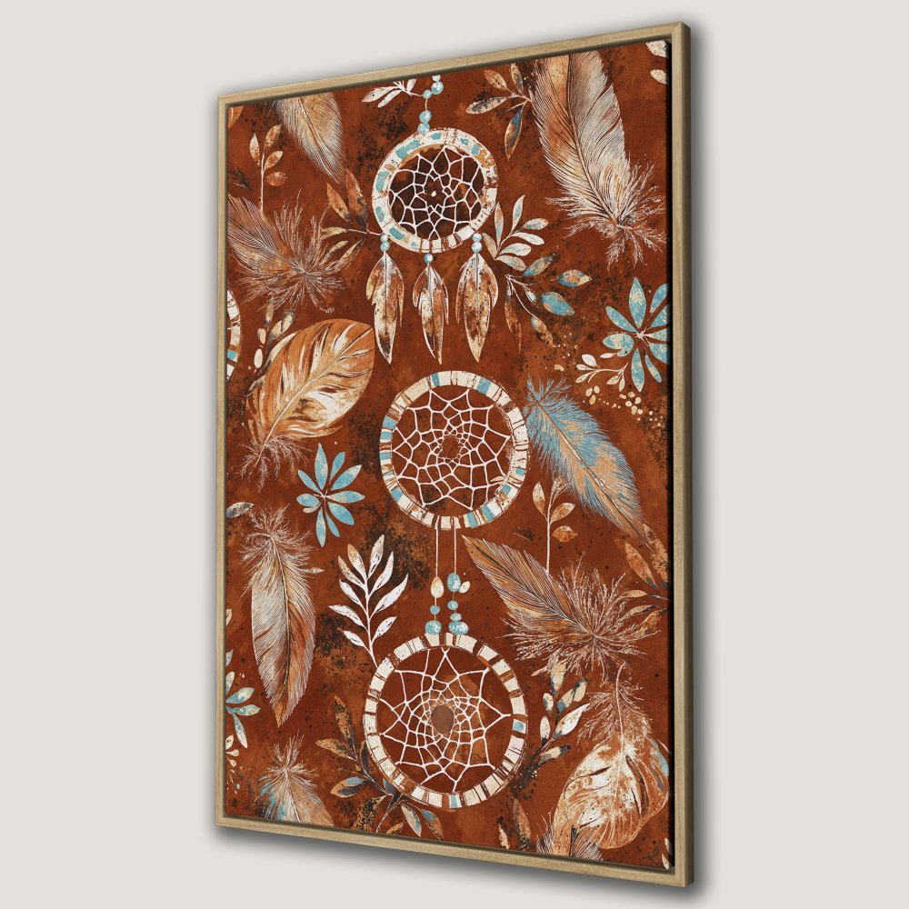 Framed Wall Art: Bohemian dreamcatcher print in warm earth tones. Add a touch of boho style with this stunning Canvas Print!