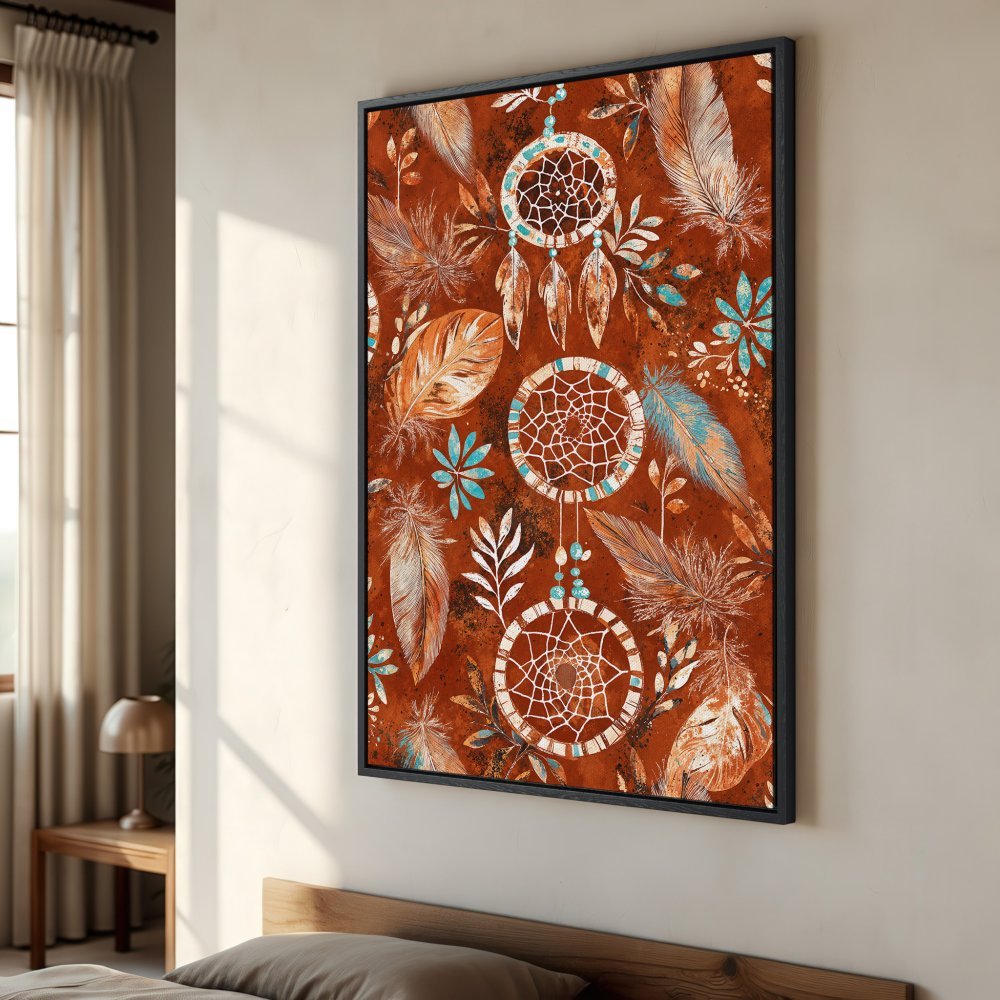 Framed Wall Art: Dreamcatcher design in warm rust tones with teal accents. Boho style canvas print perfect for bedroom decor.