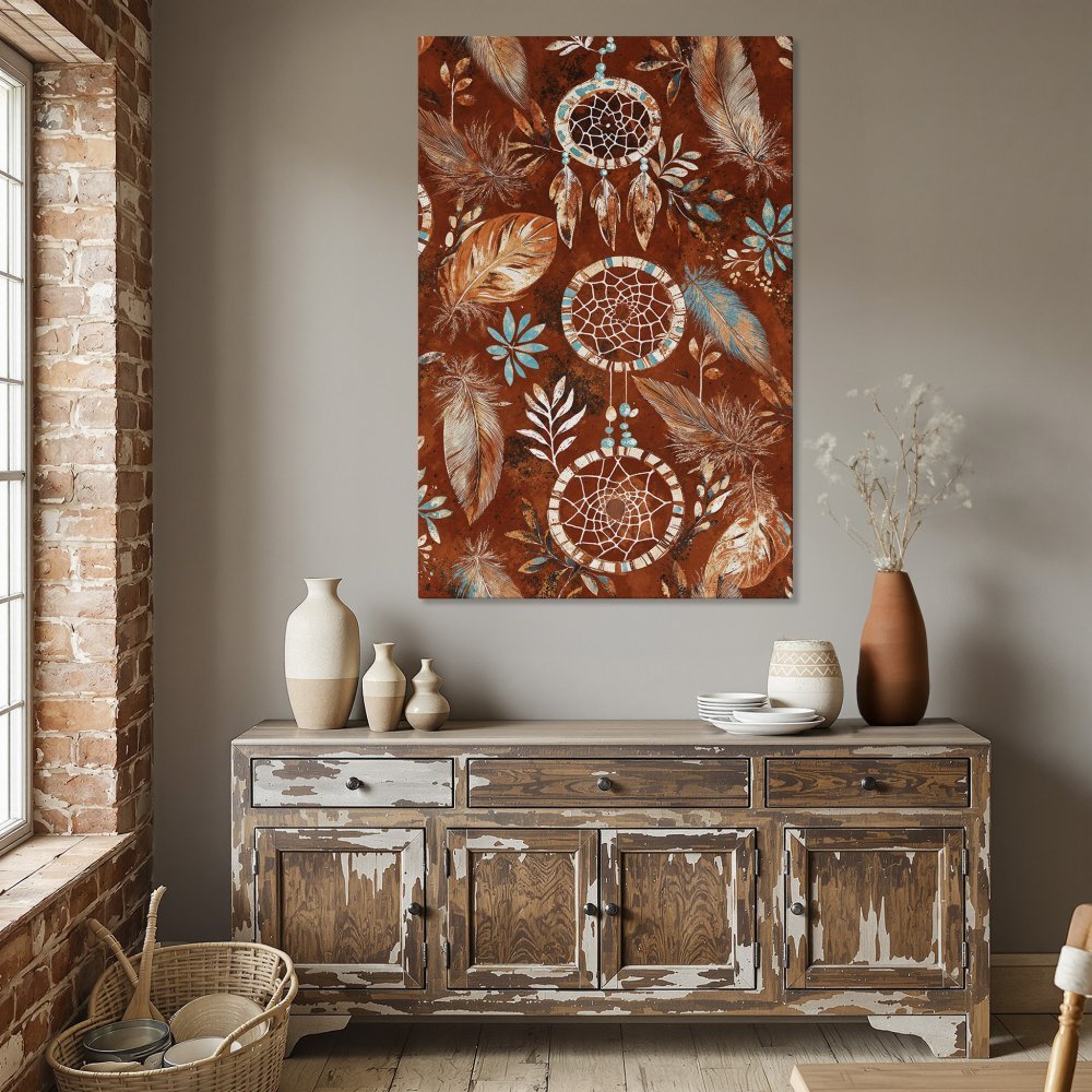 Framed Wall Art: Dreamcatcher design in warm earth tones. Boho style canvas print adds a touch of rustic charm to any space.