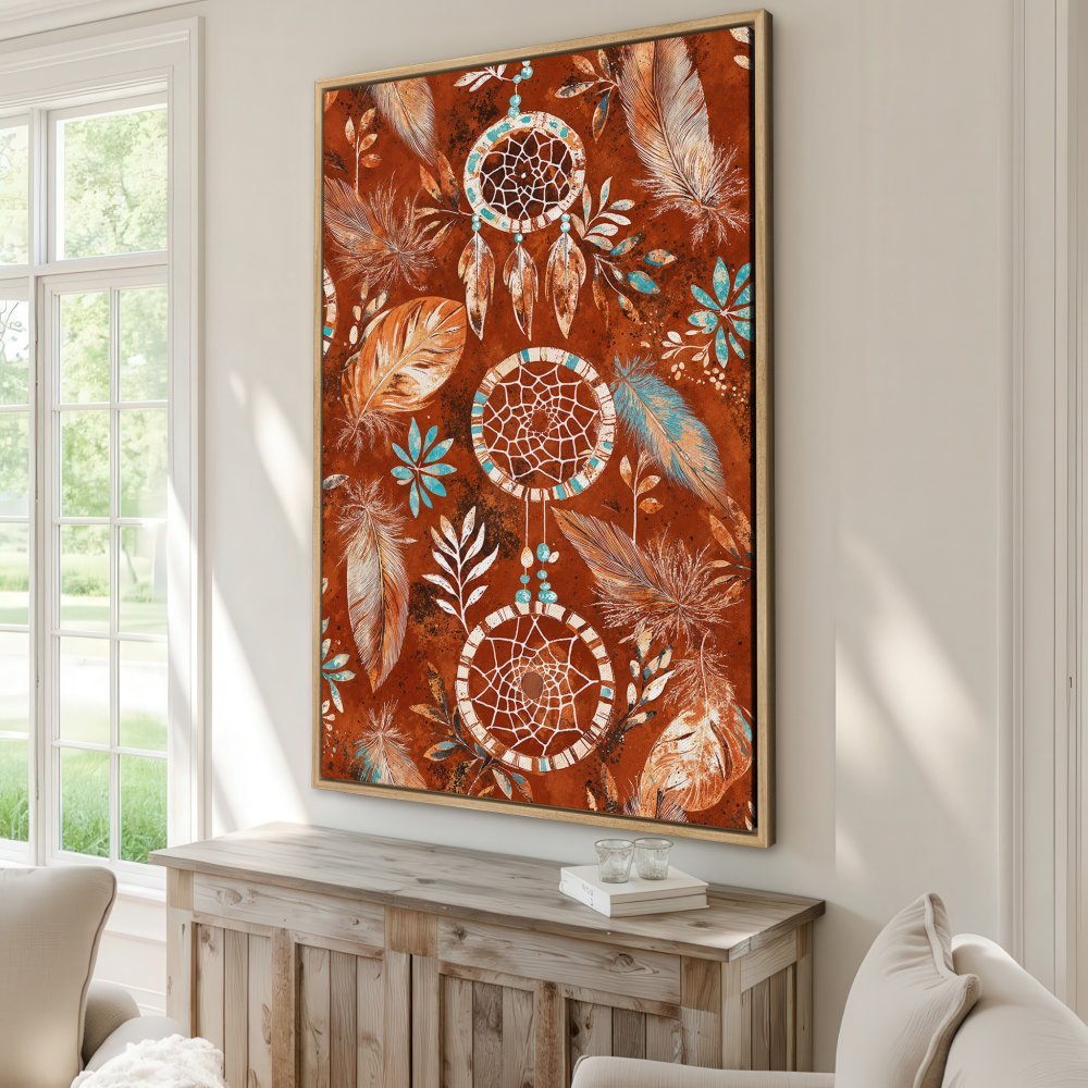 Framed Wall Art: Dreamcatcher canvas print with a boho style, featuring feathers and a warm rust color palette. Perfect for your home decor!