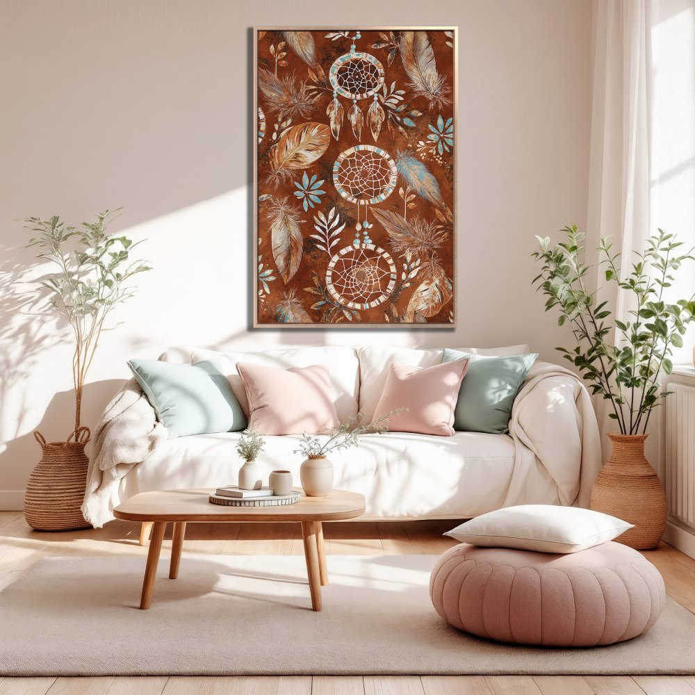Framed Wall Art: Dreamcatcher design in warm brown tones. Boho style canvas print adds a touch of bohemian charm to any interior.