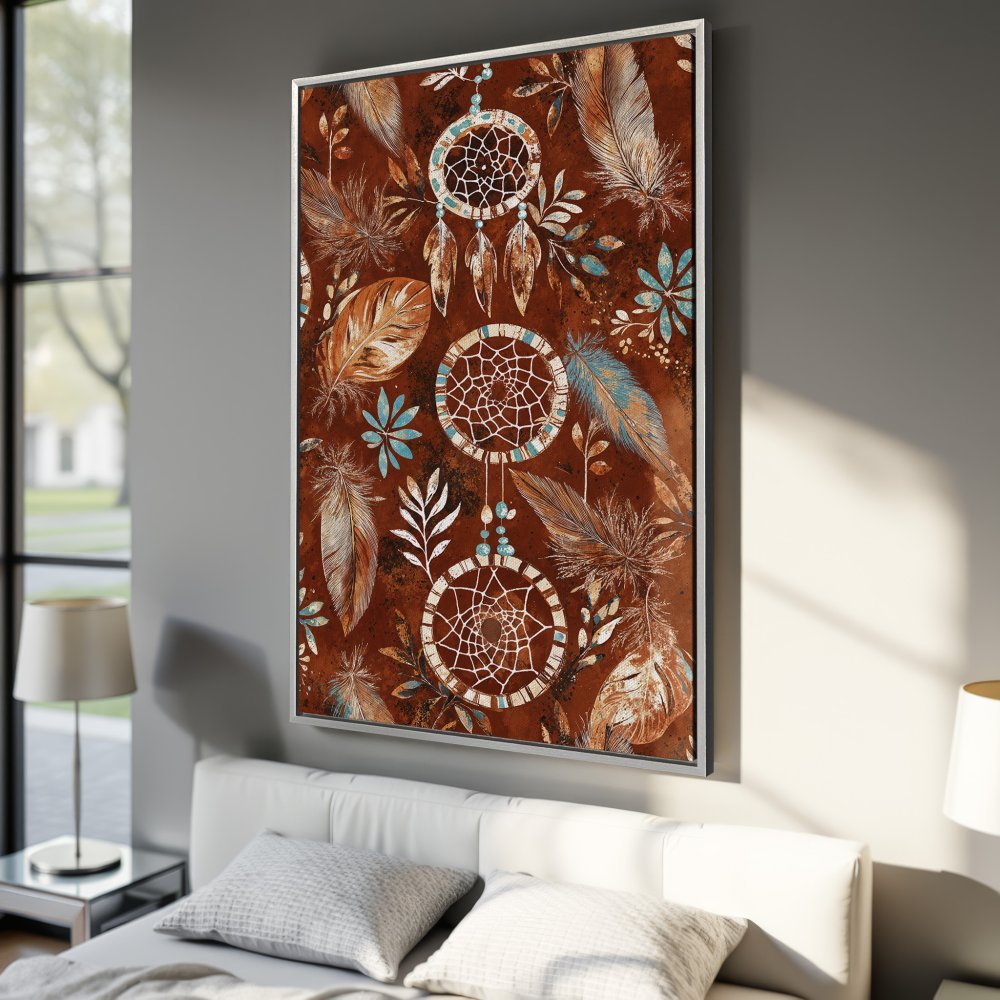 Framed Wall Art: Dreamcatcher Canvas Print in warm earth tones. Boho style wall decor for bedroom. Add a touch of serenity to your space.