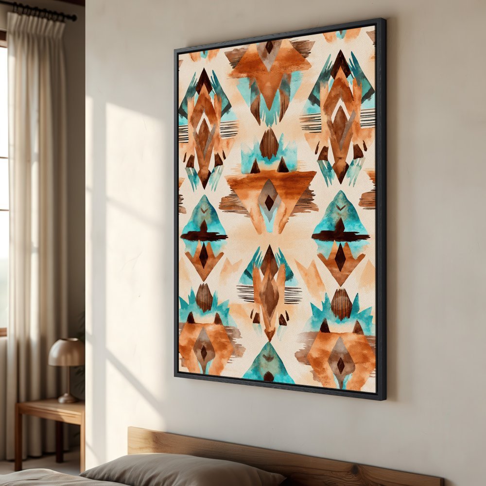 Framed Wall Art: Abstract watercolor pattern in earthy tones and turquoise. Perfect for adding a touch of boho style to your home decor.