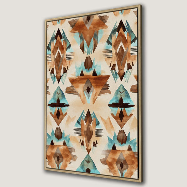 Framed Wall Art featuring an abstract geometric pattern in watercolor style, showcasing a warm color palette of brown, teal, and beige.