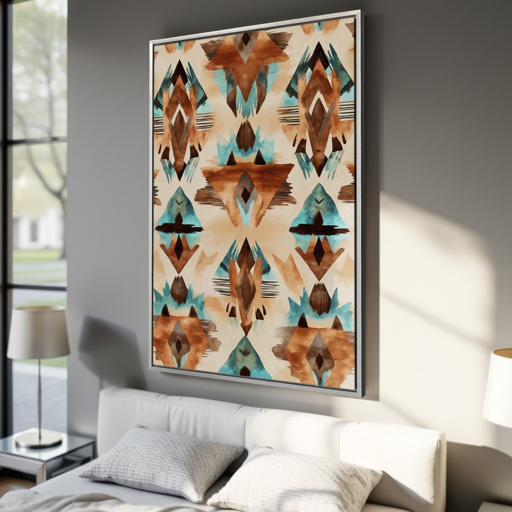 Framed Wall Art: Abstract geometric design in earthy tones of brown, teal, and beige. Perfect for adding a touch of modern style to your space.