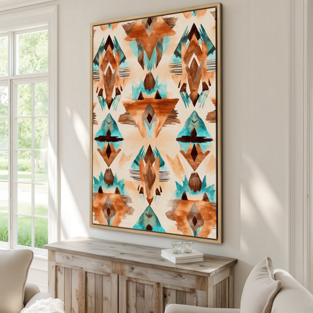 Framed Wall Art: Abstract geometric pattern in warm earth tones and teal. Add a touch of bohemian style to your home with this canvas print.