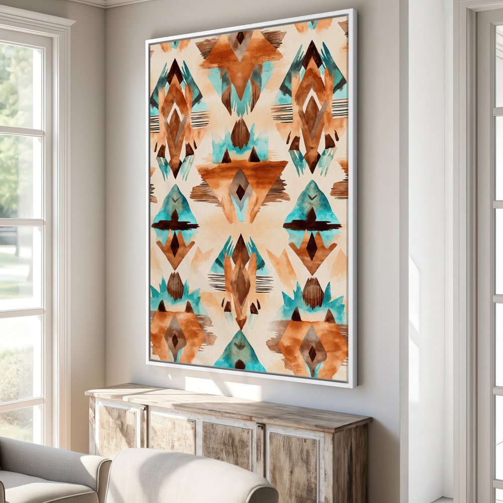 Framed Wall Art: Abstract geometric design in watercolor style with turquoise, brown, and beige tones. Perfect for adding a pop of color to your space!