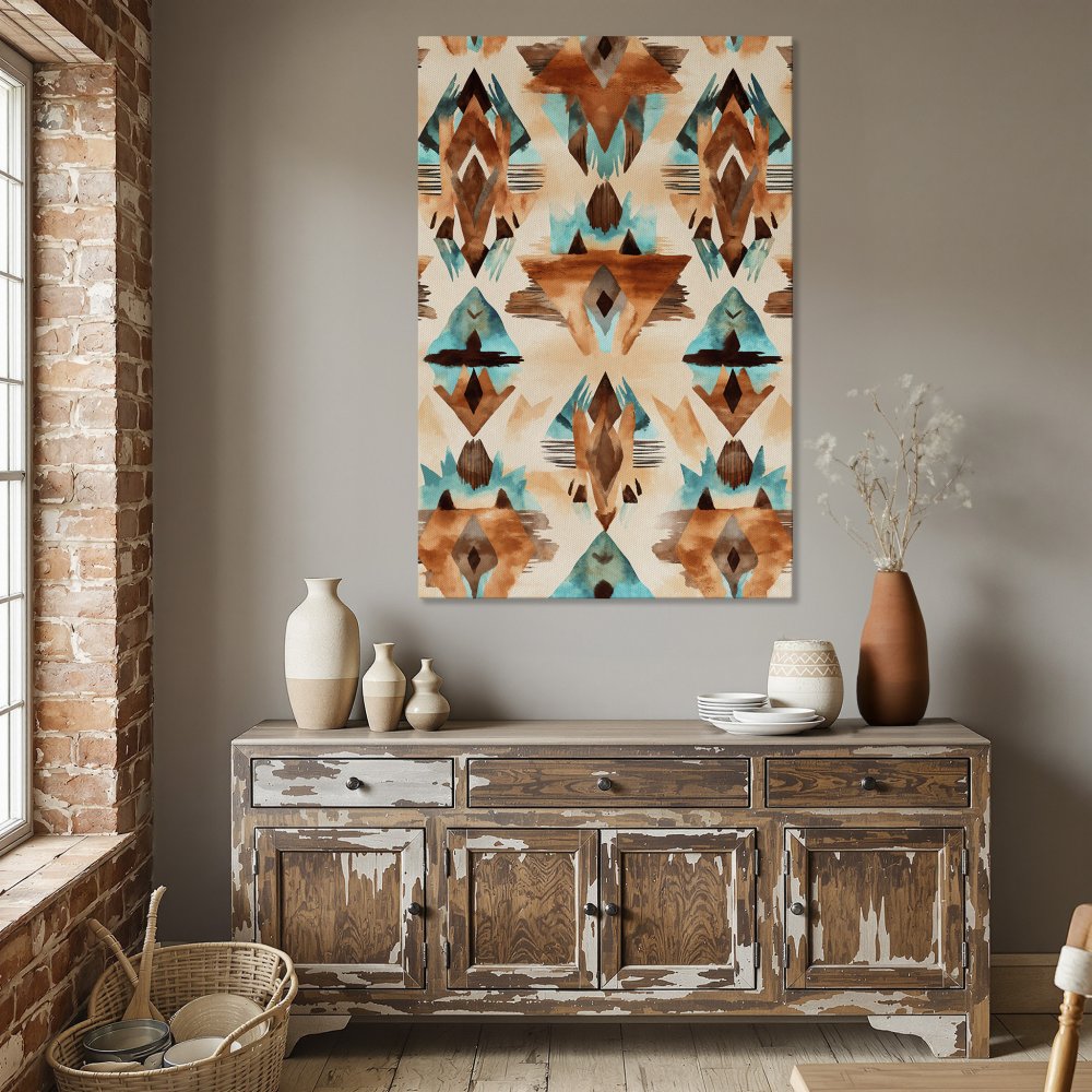 Framed Wall Art: Abstract geometric Canvas Print in warm earth tones and teal. Perfect for adding a touch of boho style to your dining room.
