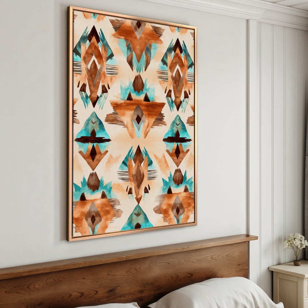 Framed Wall Art: Abstract watercolor print in earthy tones of brown, turquoise, and beige. Perfect boho style for your bedroom decor.