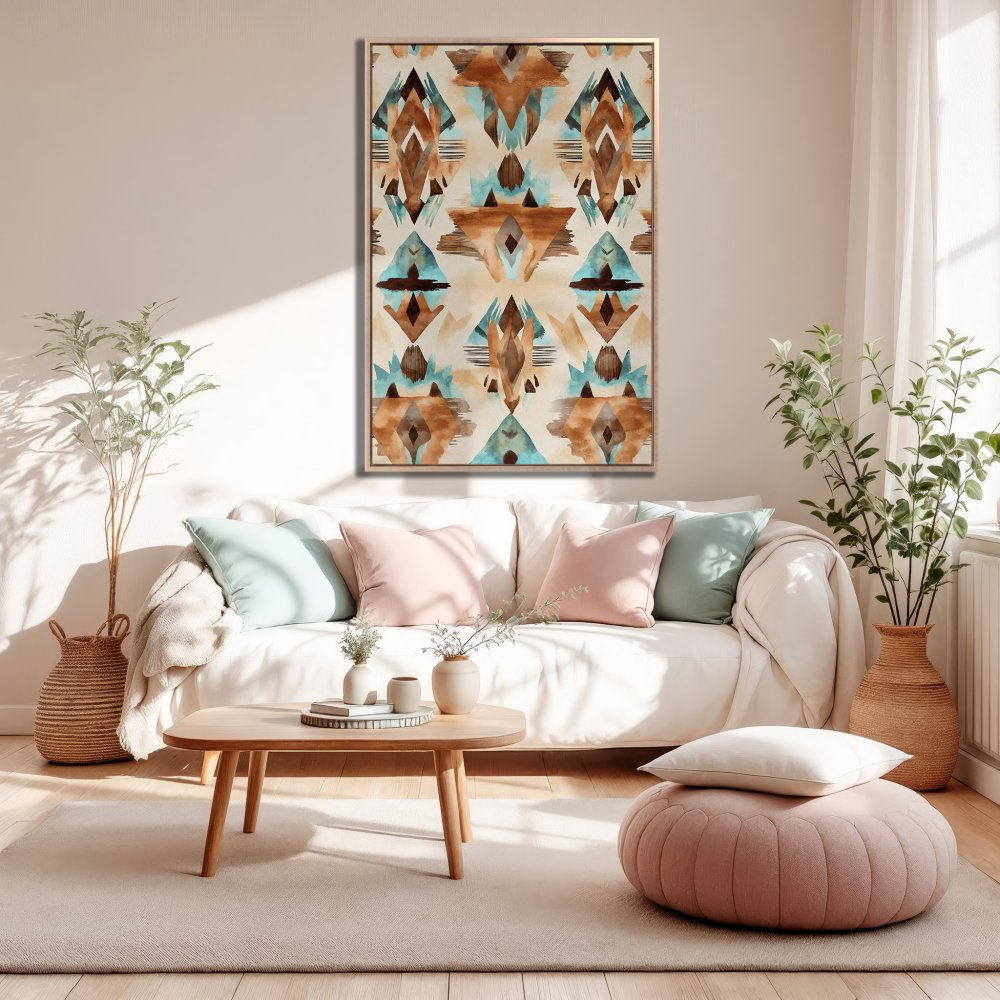 Framed Wall Art: Abstract geometric pattern in warm brown and teal tones. Perfect for adding a touch of boho style to your living room.