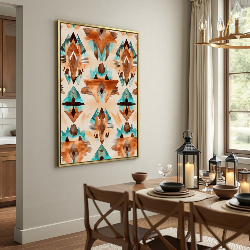 Canvas Print featuring abstract geometric pattern in earthy tones of brown, beige, and turquoise. Perfect wall art!