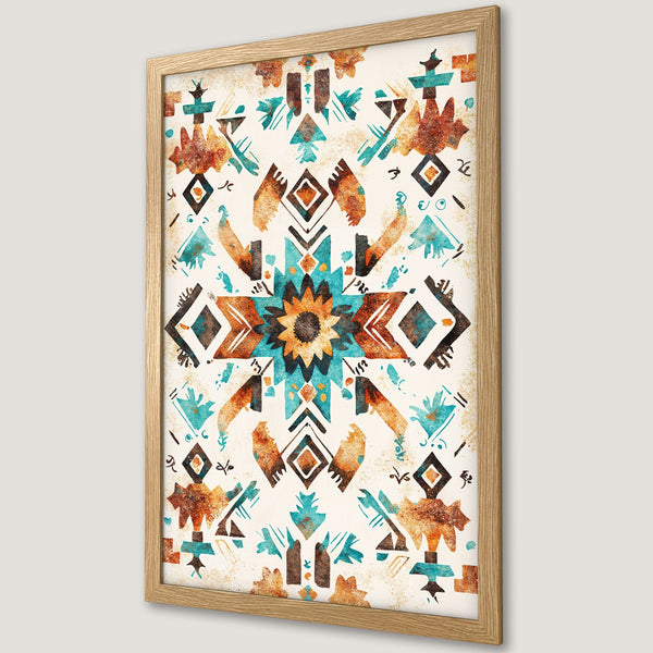 Framed Poster featuring an abstract geometric design in a watercolor style with a warm, earthy color palette of teal, orange, and brown.