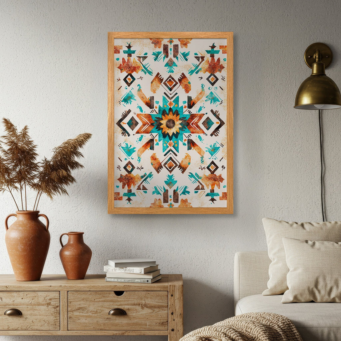 Framed Poster featuring an abstract geometric design in turquoise, orange, and brown tones. Perfect wall art for adding a touch of style!
