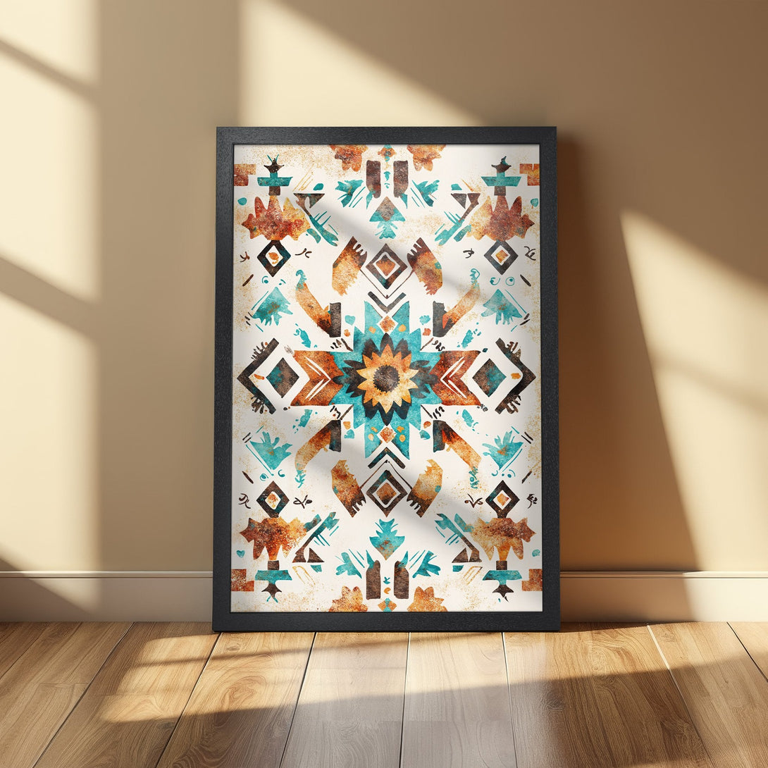 Framed Poster featuring a colorful geometric design in teal, orange, and brown. Perfect wall art for a stylish home.
