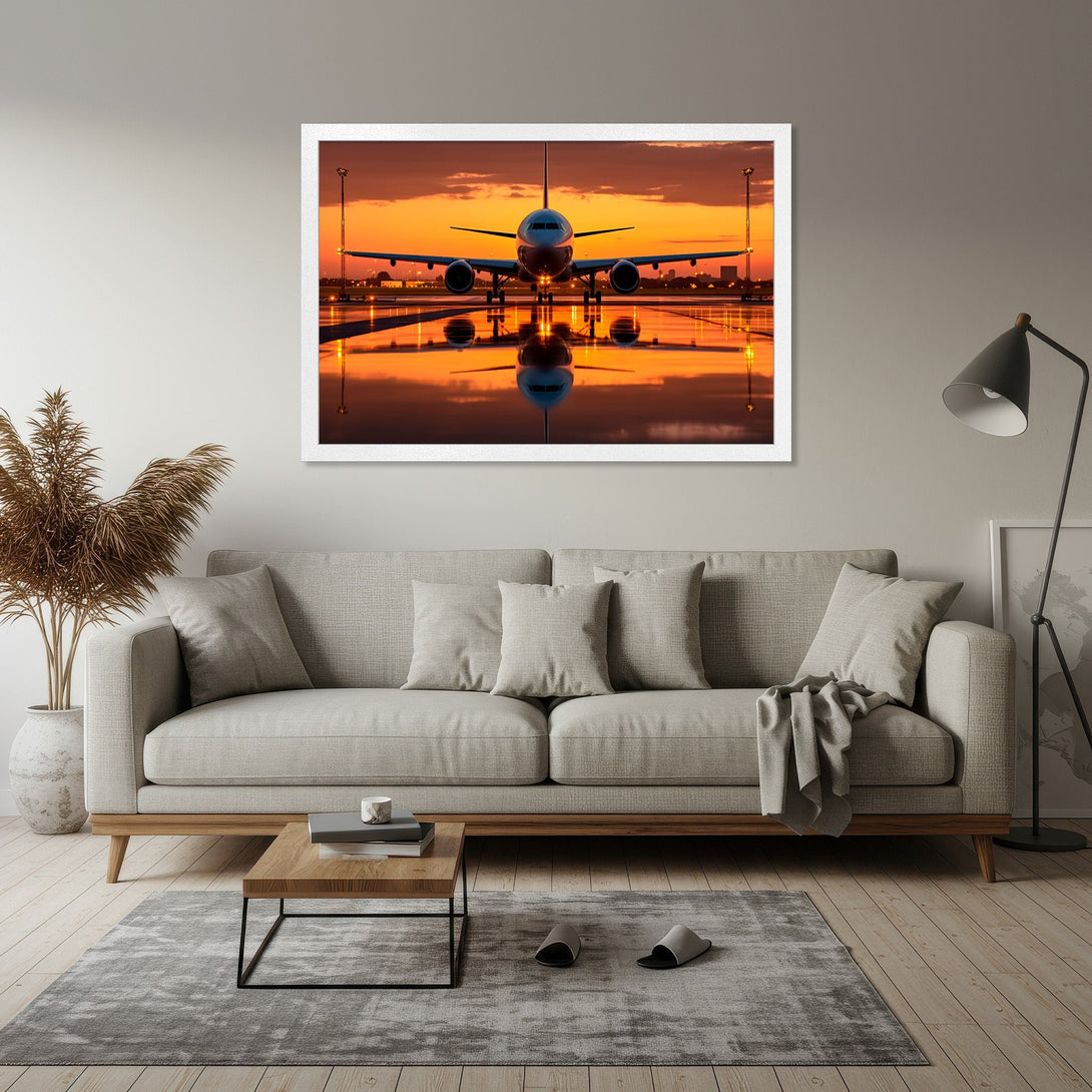 Framed Poster featuring an airplane at sunset. Dramatic, vibrant orange and blue color palette. Perfect wall art for travel lovers.
