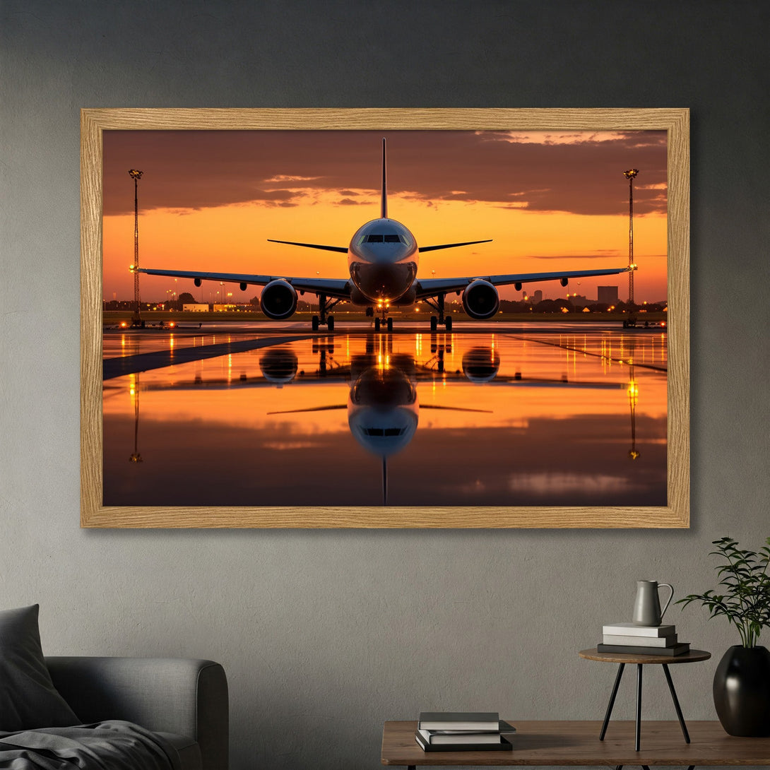 Framed Poster of airplane on runway at sunset. Dramatic photo with warm orange and yellow hues. Perfect travel decor.