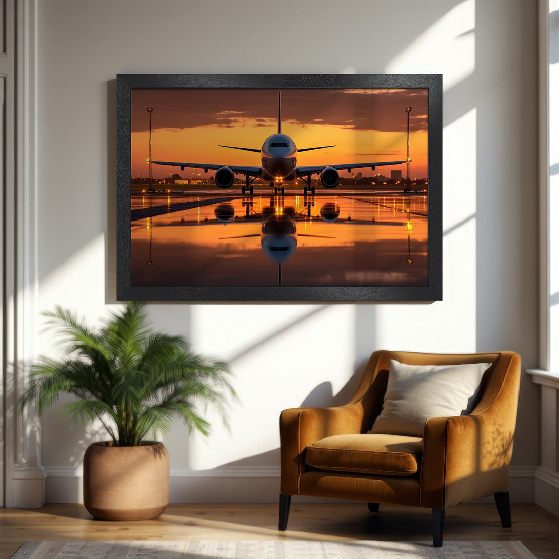 Framed Poster of airplane on runway at sunset. Warm orange and yellow color palette. Perfect aviation art for home decor.