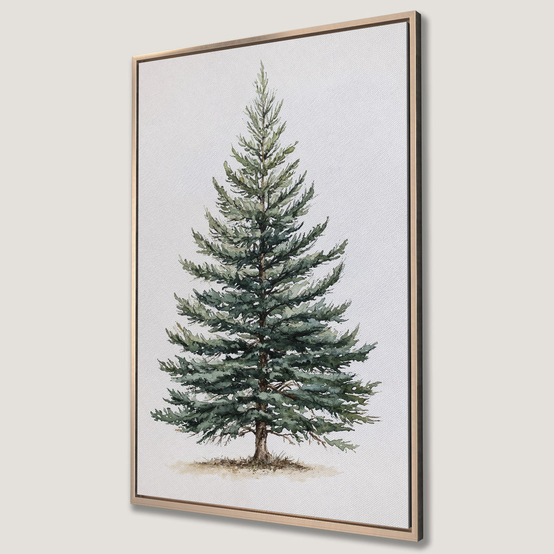 Framed Wall Art: Watercolor pine tree canvas print. Earthy green and brown tones create a serene, natural aesthetic. Perfect for adding a touch of nature to your space.