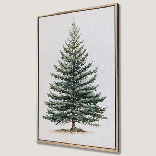 Framed Wall Art: Watercolor pine tree canvas print. Earthy green and brown tones create a serene, natural aesthetic. Perfect for adding a touch of nature to your space.