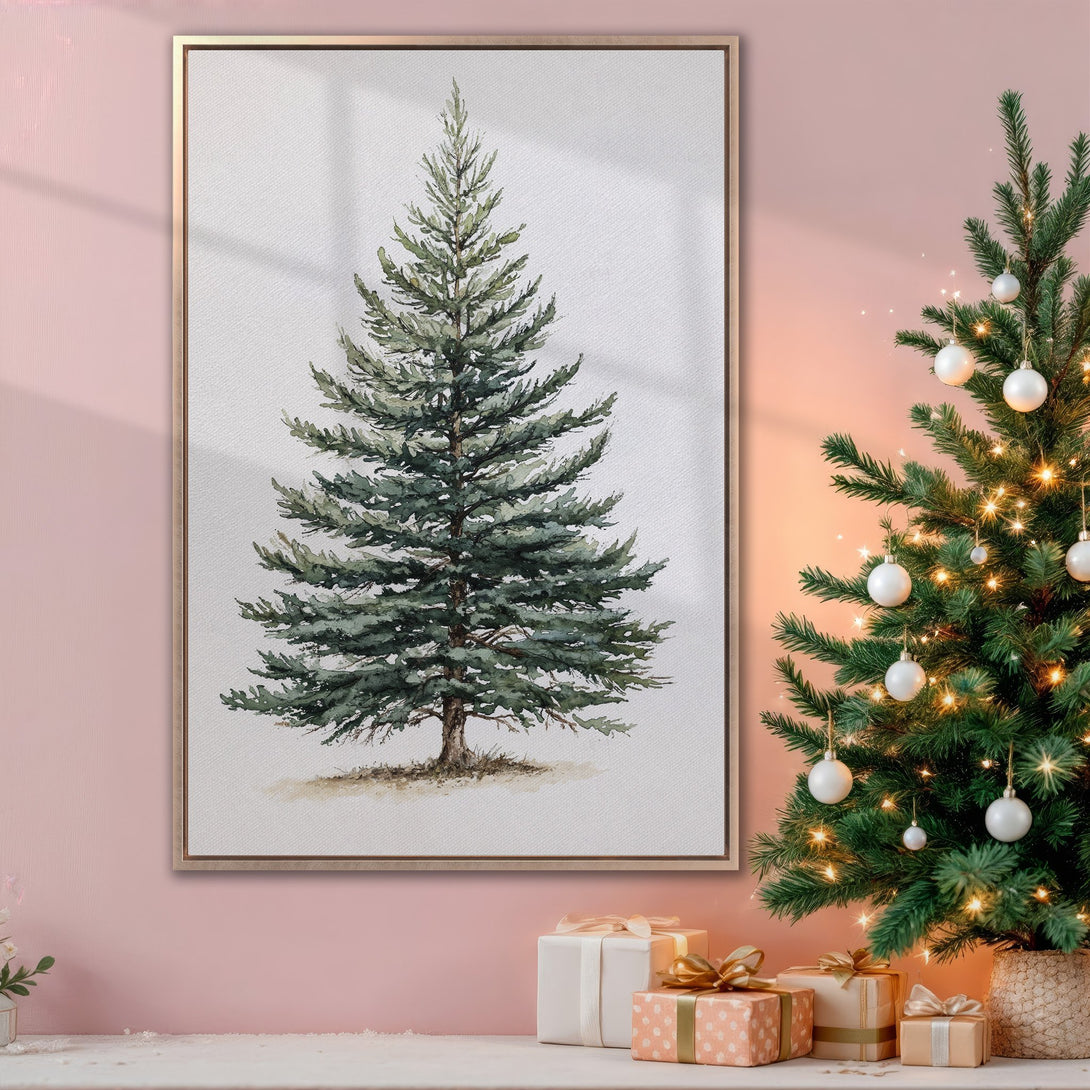 Framed Wall Art: Watercolor Christmas tree print in green and brown tones, displayed in a cozy interior with gifts and a decorated tree. Perfect holiday decor!