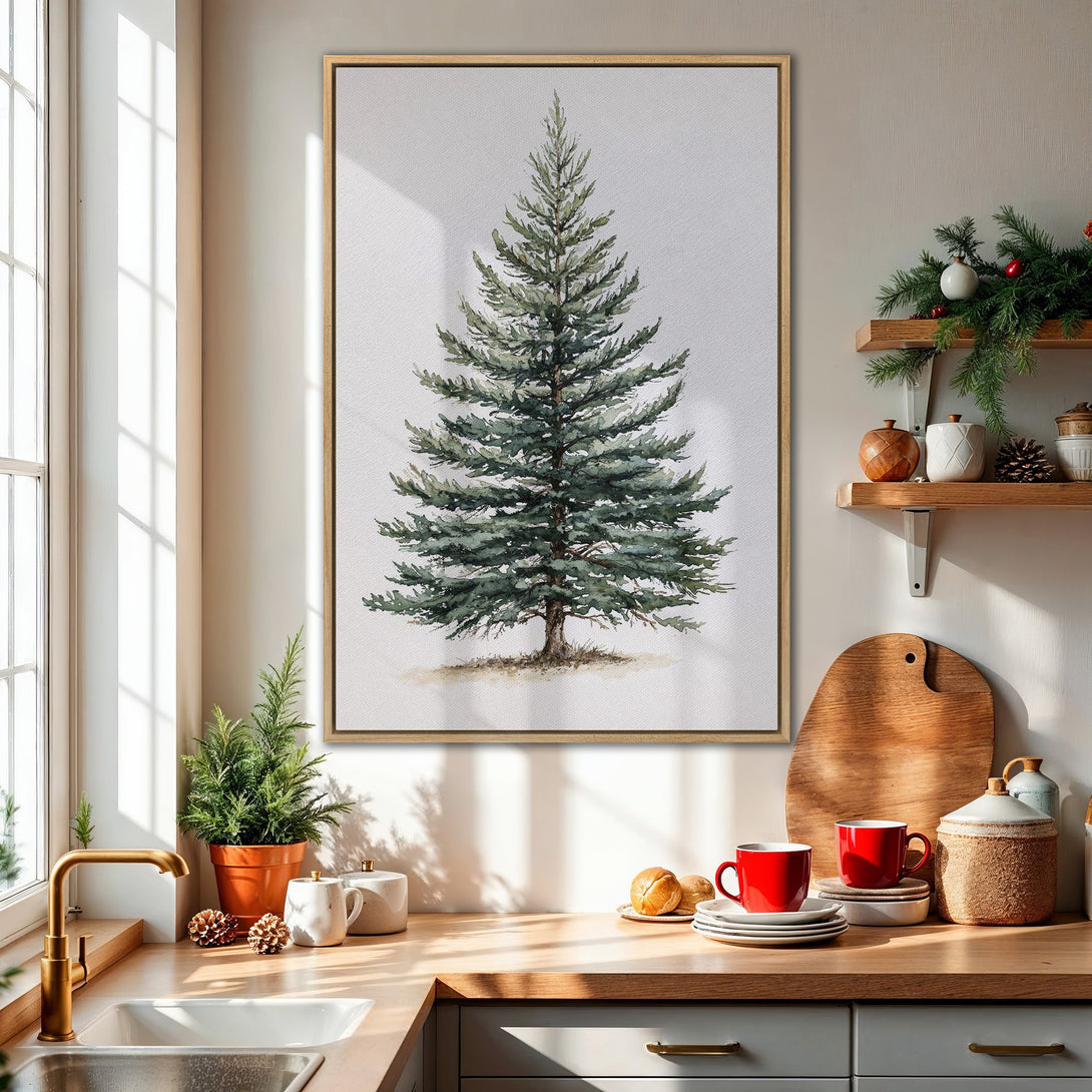 Framed Wall Art: Watercolor evergreen tree print in a cozy kitchen. Green, brown, and red color palette. Perfect for holiday decor!