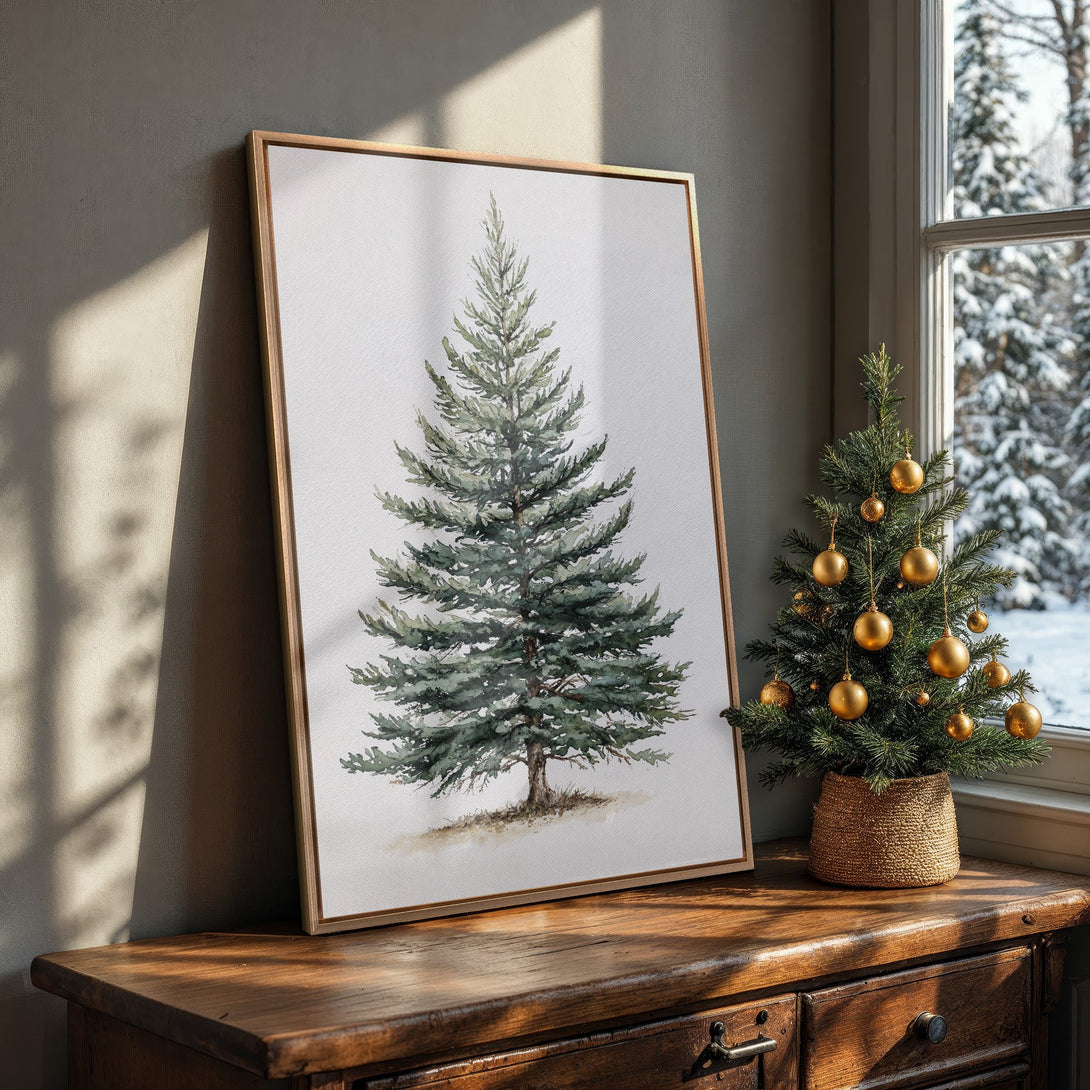 Framed Wall Art: Watercolor Christmas tree art in a cozy interior. Featuring a green and neutral palette, perfect for holiday decor.