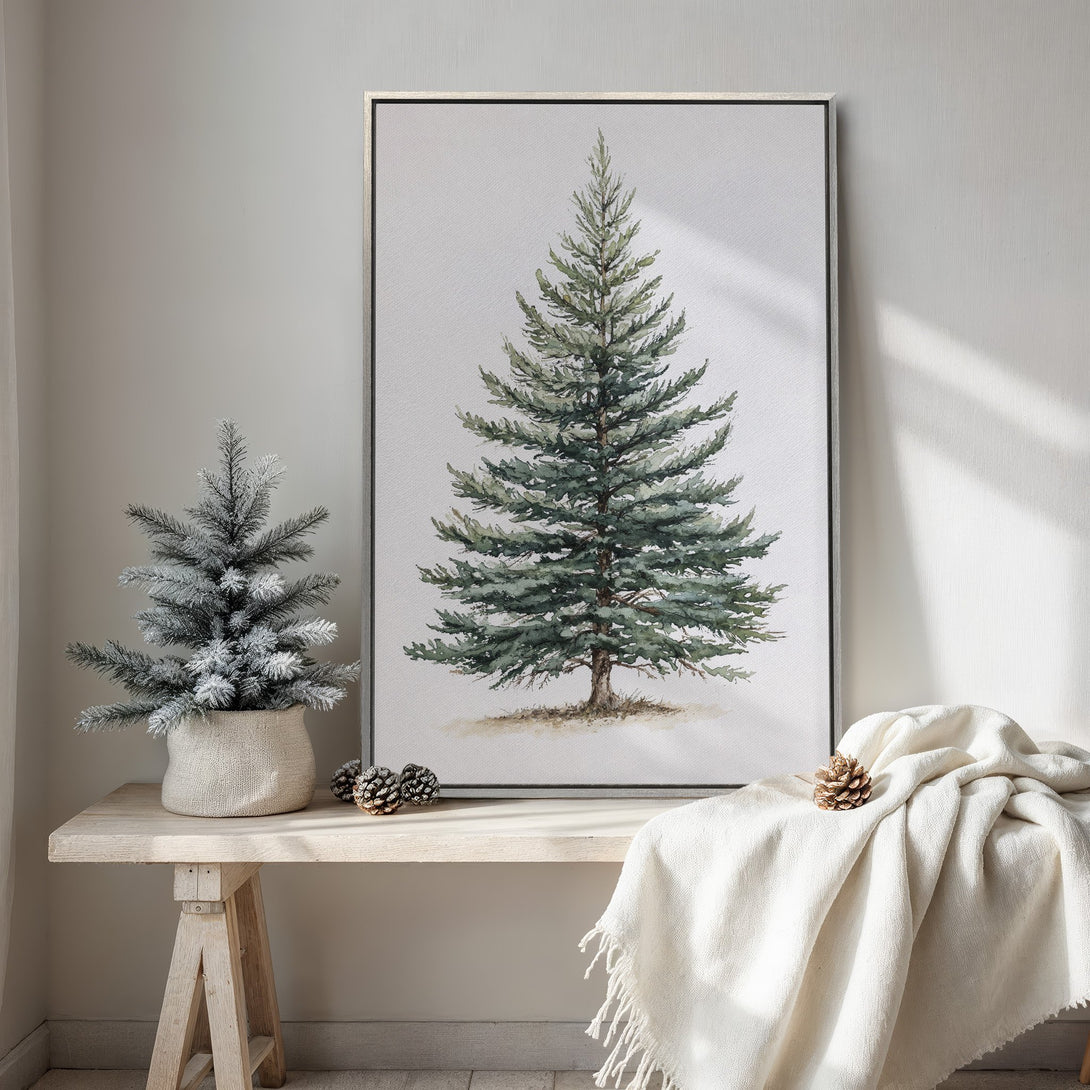 Framed Wall Art featuring a watercolor evergreen tree in a neutral, calming interior. Green and brown tones create a serene, nature-inspired aesthetic.