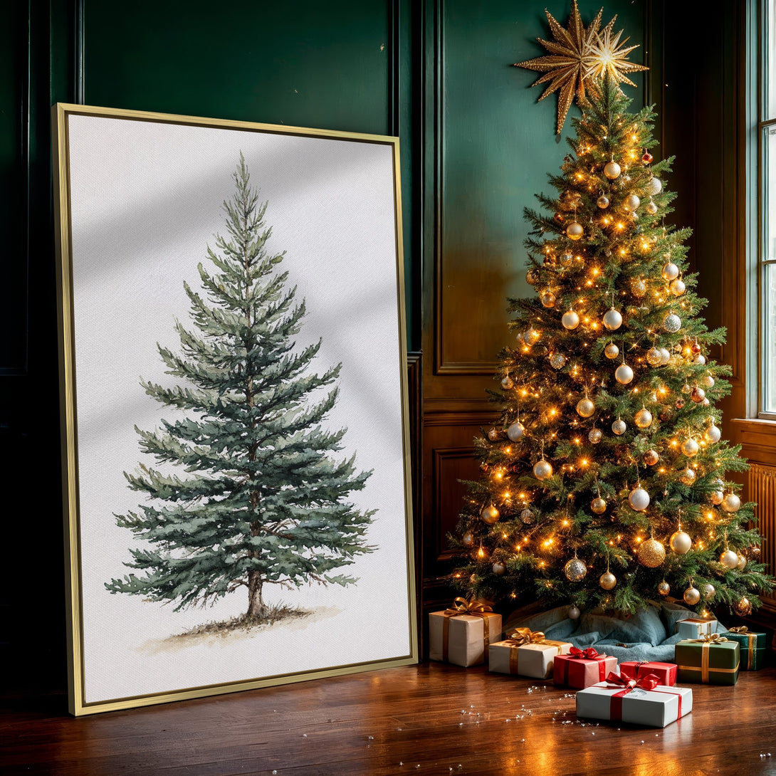 Canvas Print of watercolor evergreen tree art, featuring a green and neutral color palette. Perfect for winter decor and holiday gifts.