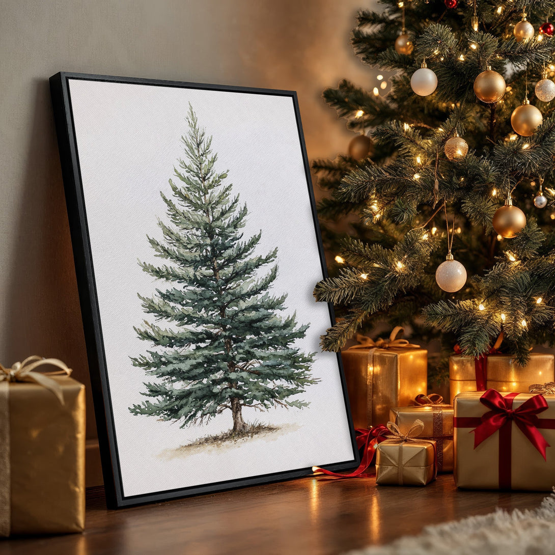 Framed Wall Art: Watercolor pine tree print in a warm, inviting interior. Green, white, and gold color palette. Perfect holiday decor!