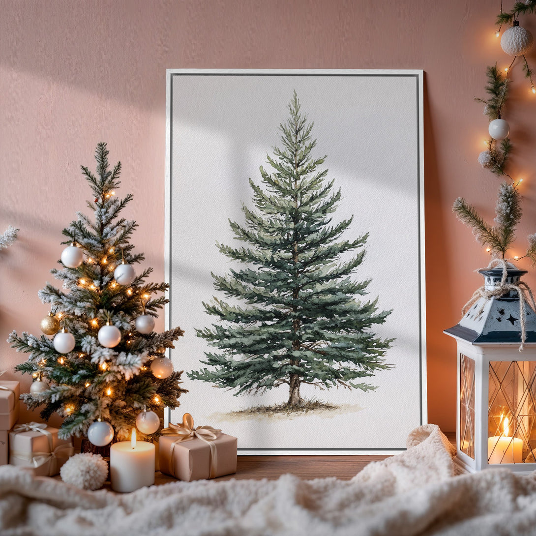Framed Wall Art: Watercolor Christmas tree print with a green and brown palette, displayed in a cozy interior with holiday decor. Perfect for seasonal home accents.