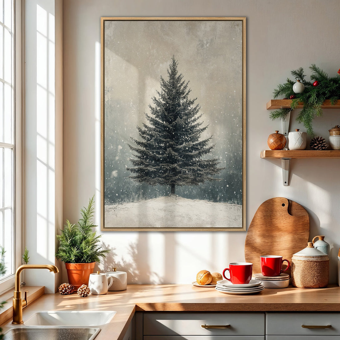 Framed Wall Art: Winter tree art print in a rustic style, neutral color palette. Perfect for cozy home decor. Shop now for your holiday art!