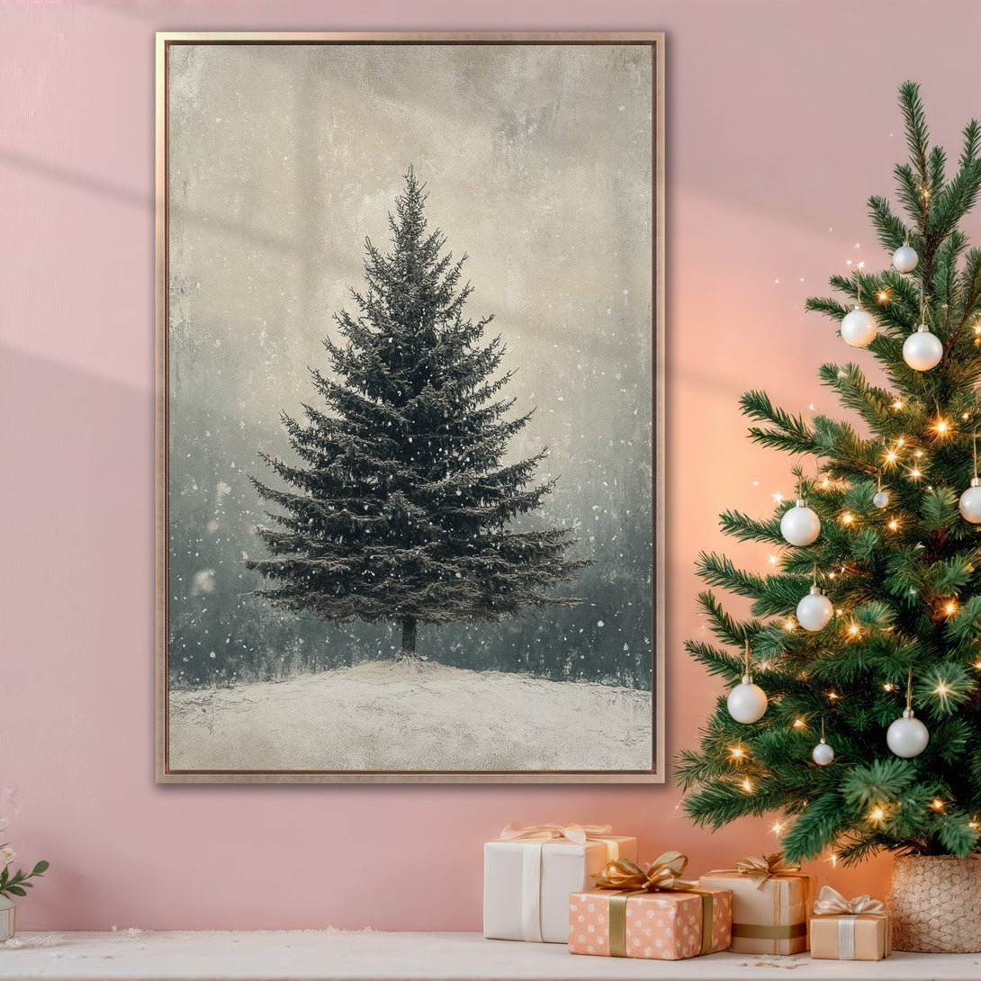 Framed Wall Art: Winter landscape Canvas Print with a serene pine tree in a snowy scene, neutral tones, perfect for cozy holiday decor.