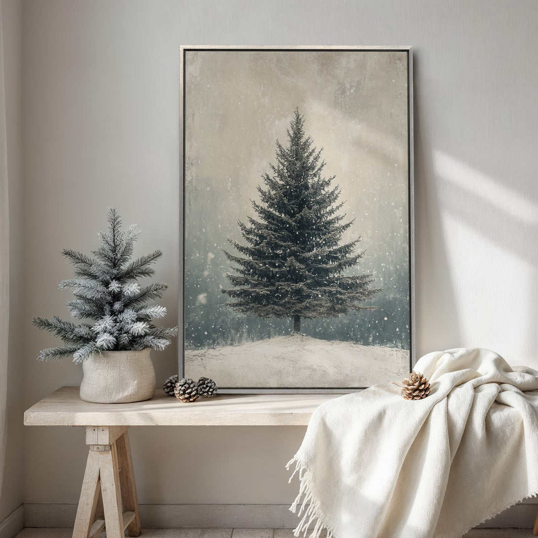 Framed Wall Art: Winter tree scene in muted tones. Rustic canvas print with a neutral color palette, perfect for cozy home decor.