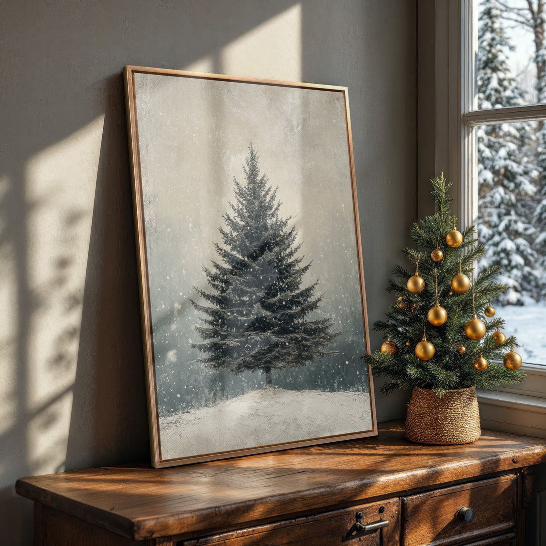 Framed Wall Art: Winter tree canvas print in muted tones. Rustic style, neutral color palette. Perfect for cozy home decor and holiday gifting.