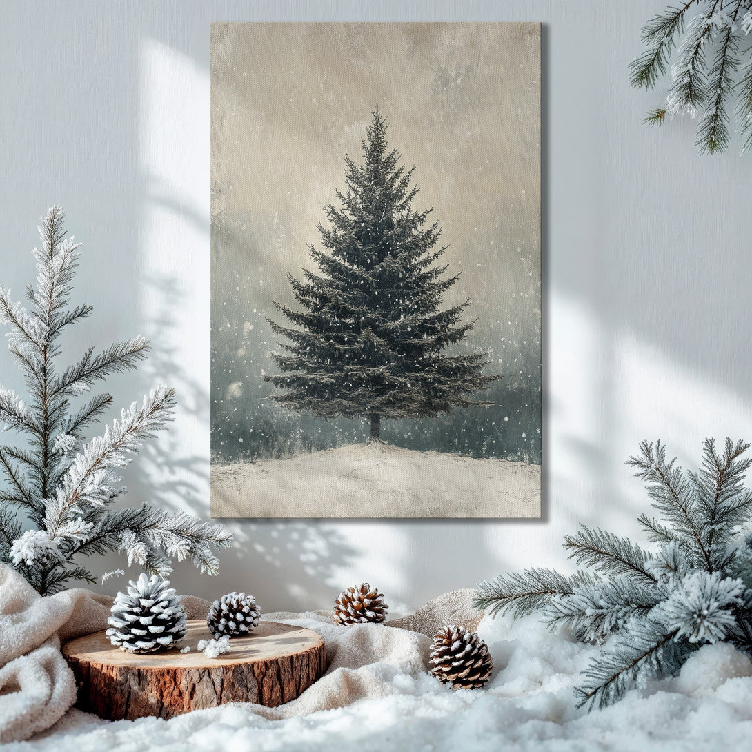 Framed Wall Art canvas print of winter pine tree in neutral tones. Rustic style, perfect for cozy home decor.
