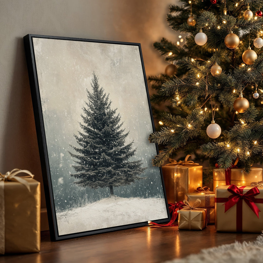 Framed Wall Art featuring a winter tree scene, perfect for holiday decor. Neutral color palette with gold and green accents. Add warmth to your space!