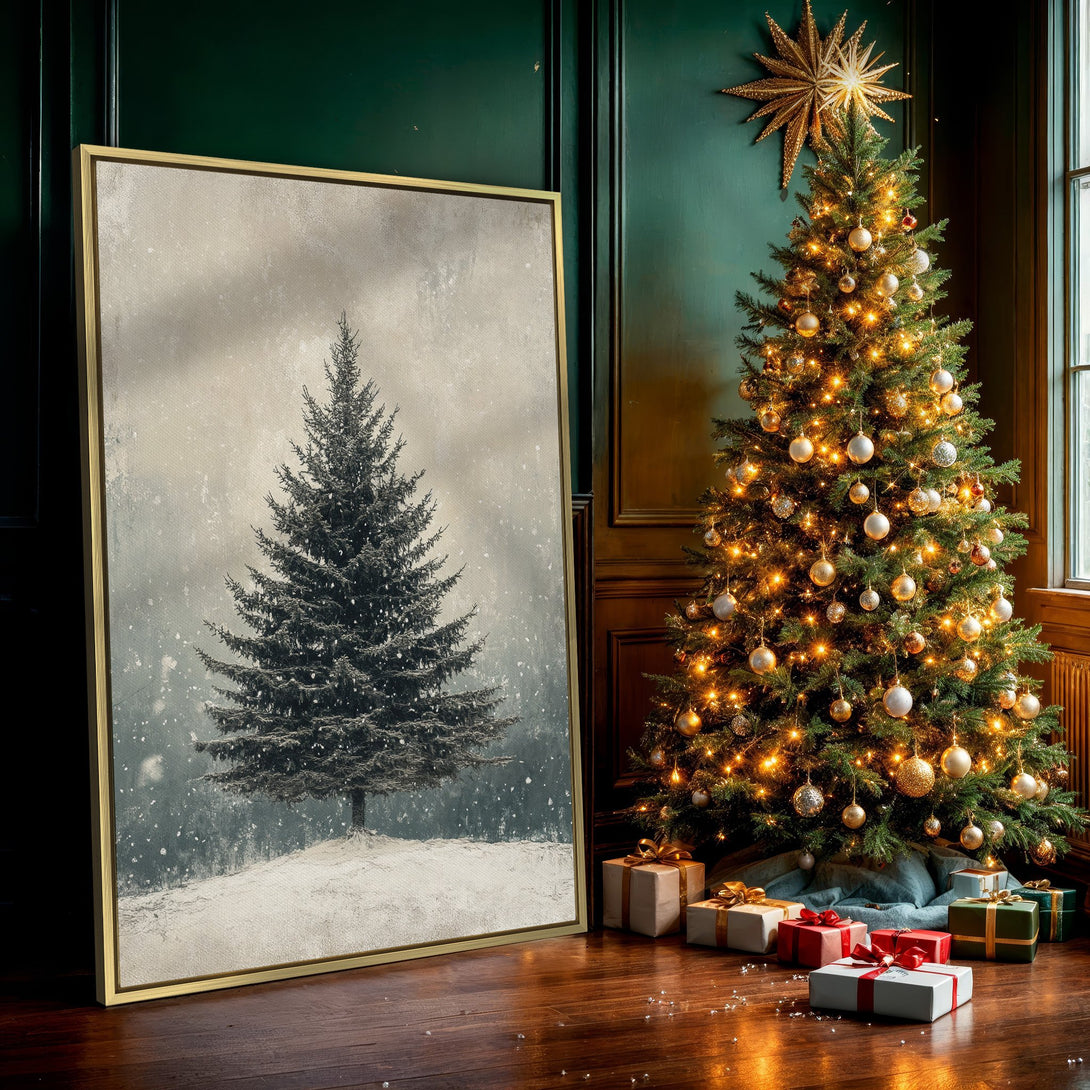 Canvas Print of a serene winter scene with a textured evergreen tree in muted tones. Perfect for adding a touch of cozy elegance to your home decor.