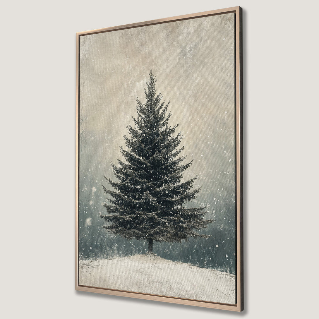 Framed Wall Art: Winter scene Canvas Print featuring a serene evergreen tree in a snowy landscape, with a muted, neutral color palette. Perfect for cozy decor.