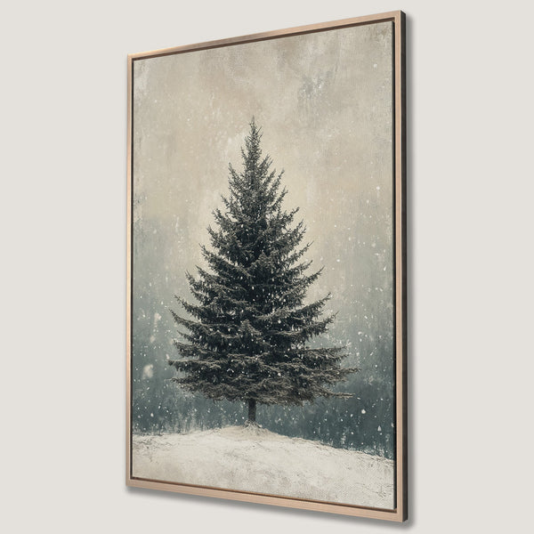 Framed Wall Art: Winter scene Canvas Print featuring a serene evergreen tree in a snowy landscape, with a muted, neutral color palette. Perfect for cozy decor.