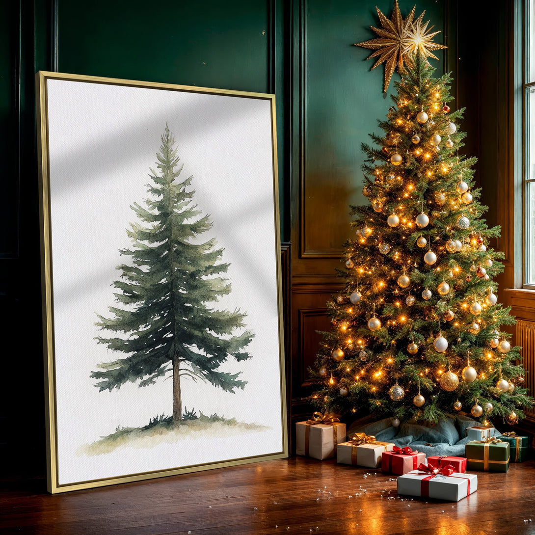 Canvas Print featuring a watercolor evergreen tree. Serene, nature-inspired art in green and brown hues. Perfect for adding a touch of calm to your space.